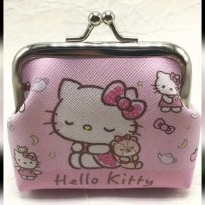Hello Kitty Logo Cartoon Mini Coin Purse, Kiss-Lock Clasp Closure, PU Leather